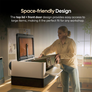 LaserPecker laser engraver with a space-friendly design, featuring a top lid and front door for easy access to large workpieces, demonstrated as a user loads a large suitcase into the machine, making it ideal for small workshops.
