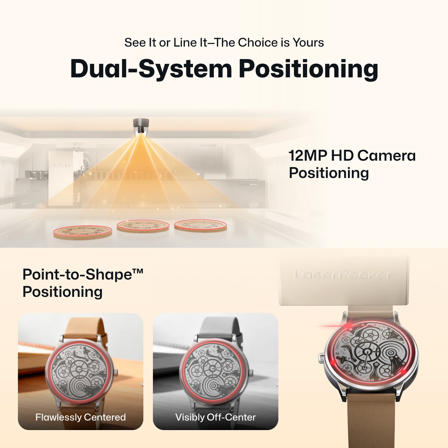 LaserPecker desktop laser cutter showcasing its Dual-System Positioning feature, with 12MP HD Camera Positioning and Point-to-Shape™ Positioning. This desktop laser cutter demo shows how the system automatically centers designs on a watch face, ensuring precise alignment even when the object is off-center. 