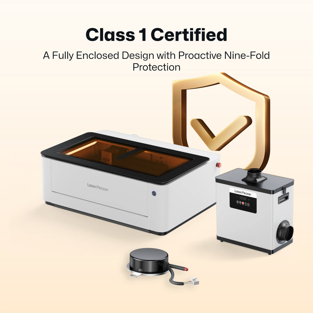 LaserPecker fully enclosed desktop diode laser cutter system with Class 1 laser safety certification and proactive nine-fold protection. Includes main engraver unit, air purifier, and accessory for a safe, integrated workspace. 