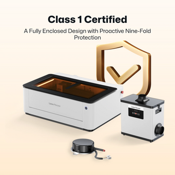LaserPecker fully enclosed desktop diode laser cutter system with Class 1 laser safety certification and proactive nine-fold protection. Includes main engraver unit, air purifier, and accessory for a safe, integrated workspace. 