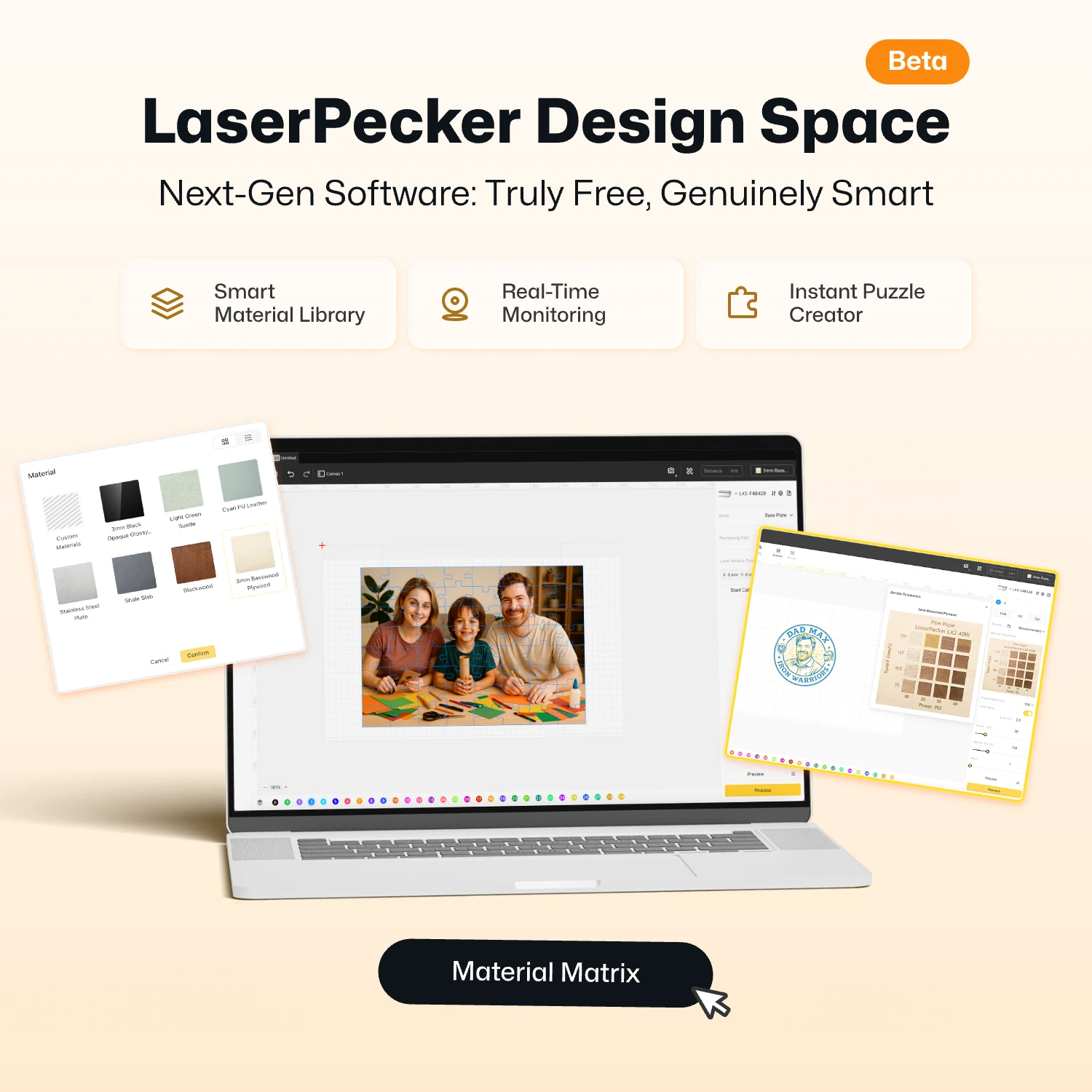 LaserPecker Design Space, a next-gen, free laser engraving software (Beta version), shown on a laptop interface. It highlights key features like the Smart Material Library, Real-Time Monitoring, and Instant Puzzle Creator, with a "Material Matrix" tool for material selection and parameter optimization.