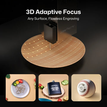 LaserPecker desktop laser cutter showcasing its 3D Adaptive Focus technology, which scans and adjusts focus in real time to achieve flawless engraving on any surface—including curved, uneven, or textured objects like a metal plate, a flask on wood, and a baseball. This desktop laser cutter adapts seamlessly to complex materials. 