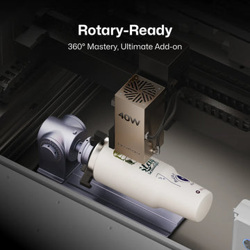LaserPecker 40W laser engraver with its rotary attachment, demonstrating 360° engraving on a cylindrical object (e.g., a water bottle). The "Rotary-Ready" feature enables full circumferential marking and intricate designs on curved surfaces, serving as an ultimate add-on for expanded creative possibilities.