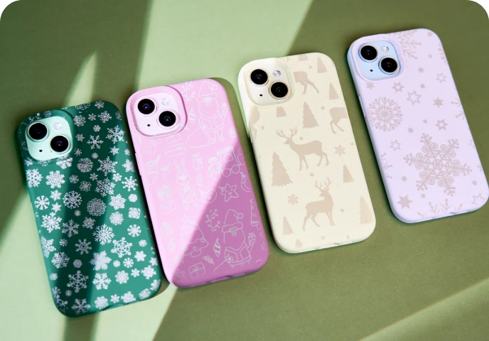 Four personalized engraved phone case samples.