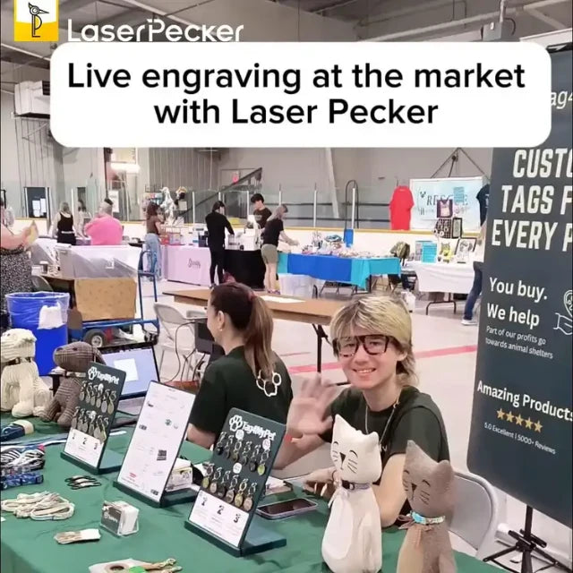A Creator is using LaserPecker machines to produce custom pet products at a craft fair.