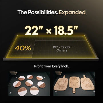 LaserPecker large-format engraving bed with a 22" × 18.5" working area, 40% larger than competitors' 19" × 12.65" beds, enabling more efficient batch production of coasters and cutting boards, with the slogan "The Possibilities. Expanded".