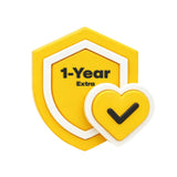 Yellow shield with '1-Year Extra' text and a heart with a checkmark on a white background