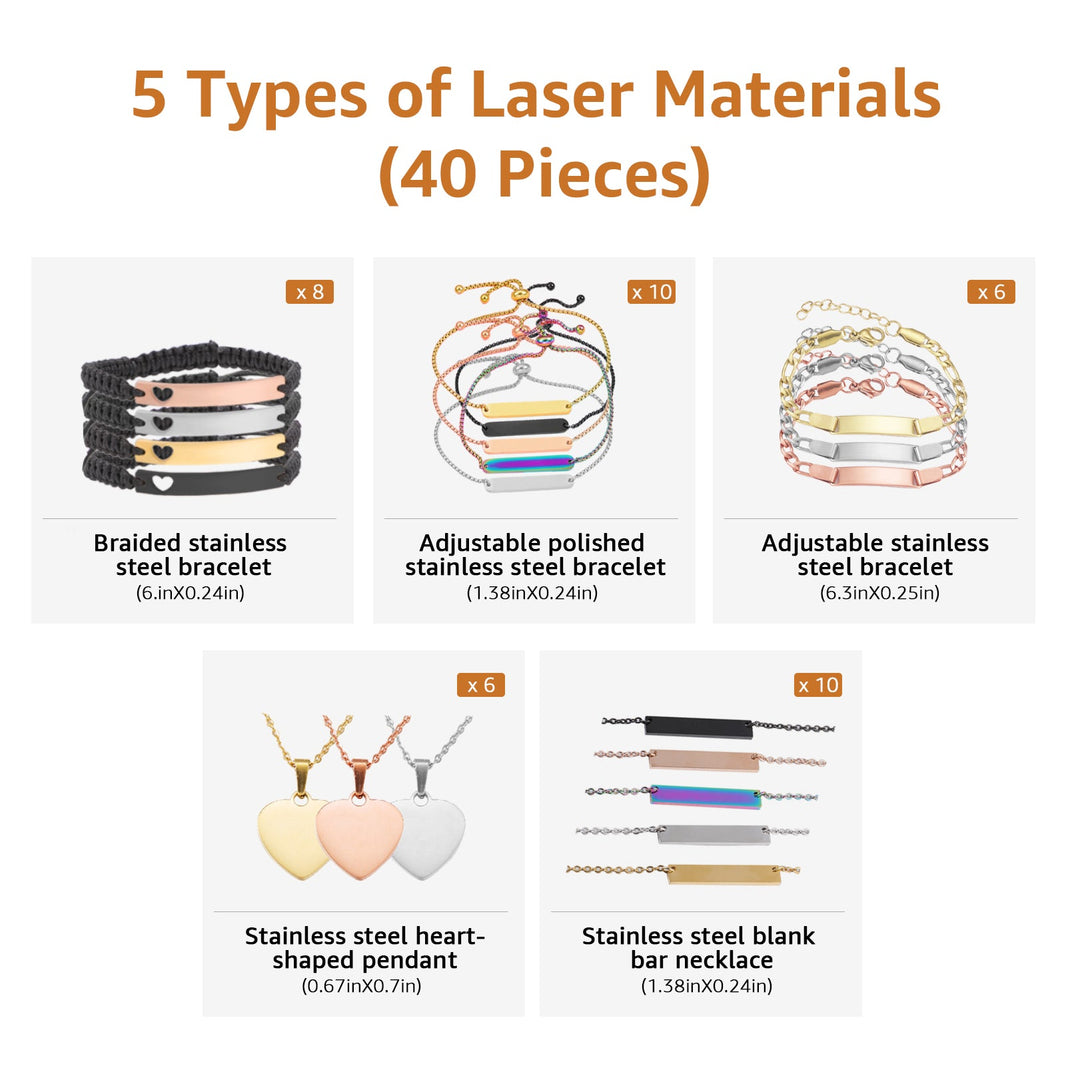 A collection of 40 pieces of laser engraving jewelry blanks, featuring 5 types of stainless steel accessories: braided bracelets, adjustable polished bracelets, adjustable bracelets, heart-shaped pendants, and blank bar necklaces, presented as materials for creating personalized, laser-engraved gifts and accessories.
