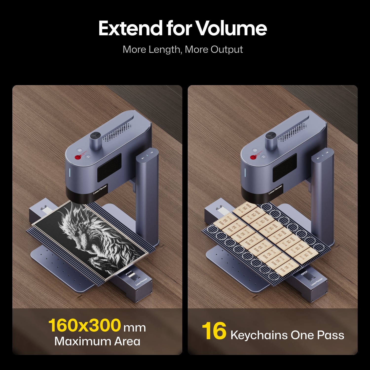 The LaserPecker LP5, integrated a fiber laser engraving machine with a diode laser cutter, showing two working scenarios: engraving a wolf design on a 160x300mm surface, and engraving 16 keychains in one pass, with the slogan "Extend for Volume, More Length, More Output".