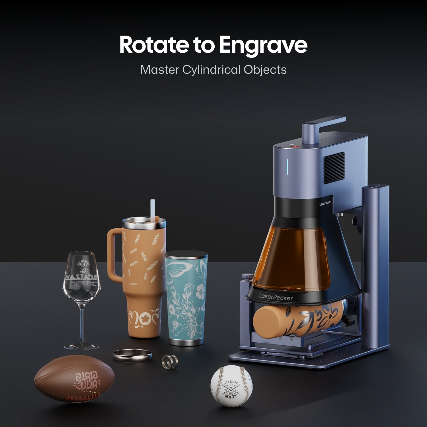 LaserPecker LP5, a fiber laser engraving machine integrated with a diode laser cutter, features a rotary attachment engraving a tumbler. The display shows the "Rotate to Engrave, Master Cylindrical Objects" feature, alongside examples of engraved items: wine glass, tumblers, football, baseball, and rings.