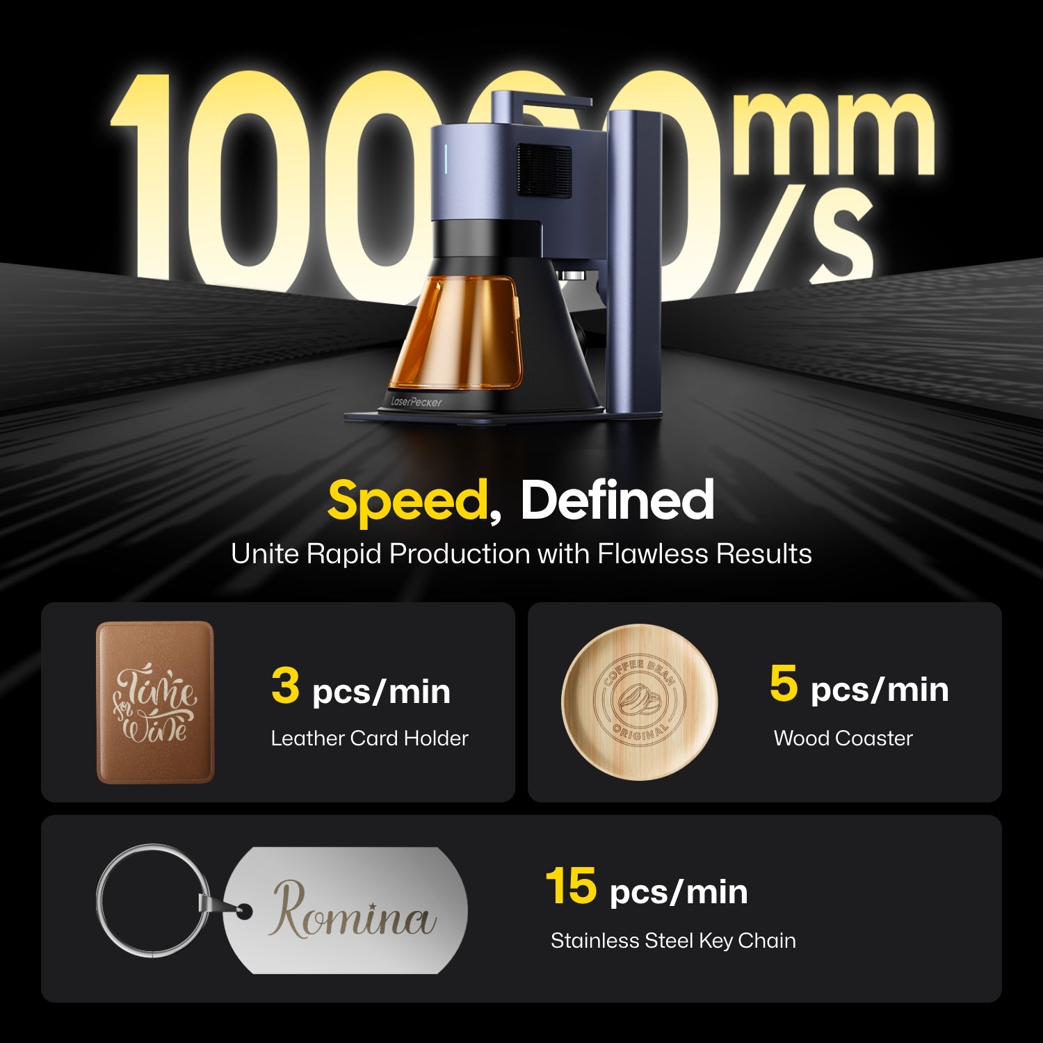 LaserPecker LP5 fiber laser engraving machine and diode laser cutter, with 10,000 mm/s high-speed engraving, showing production efficiency on leather card holders, wood coasters, and stainless steel keychains.