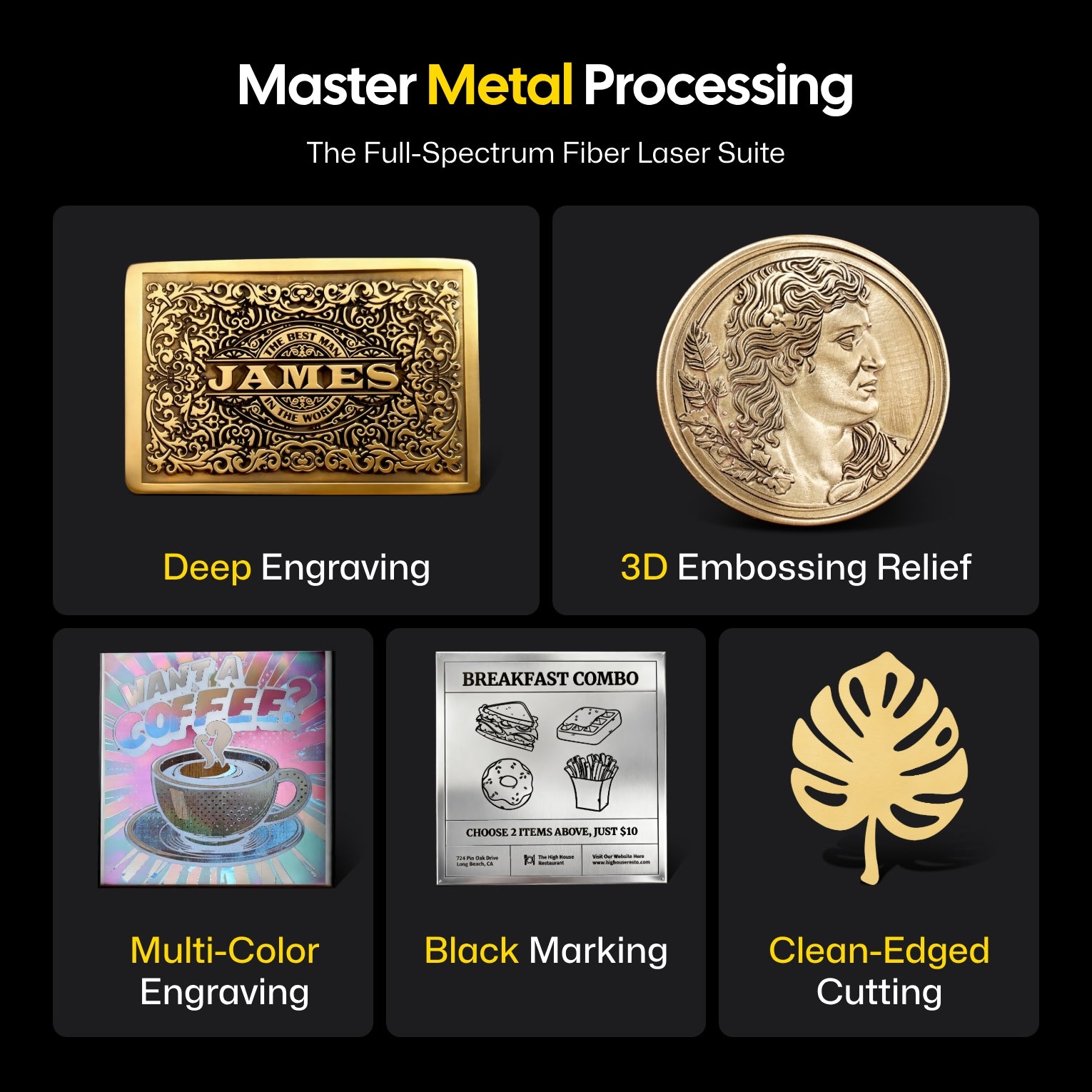 Product showcase of LP5, a fiber laser engraver's metal processing capabilities, featuring five key functions: deep engraving, 3D embossing relief, multi-color engraving, black marking, and clean-edged cutting.