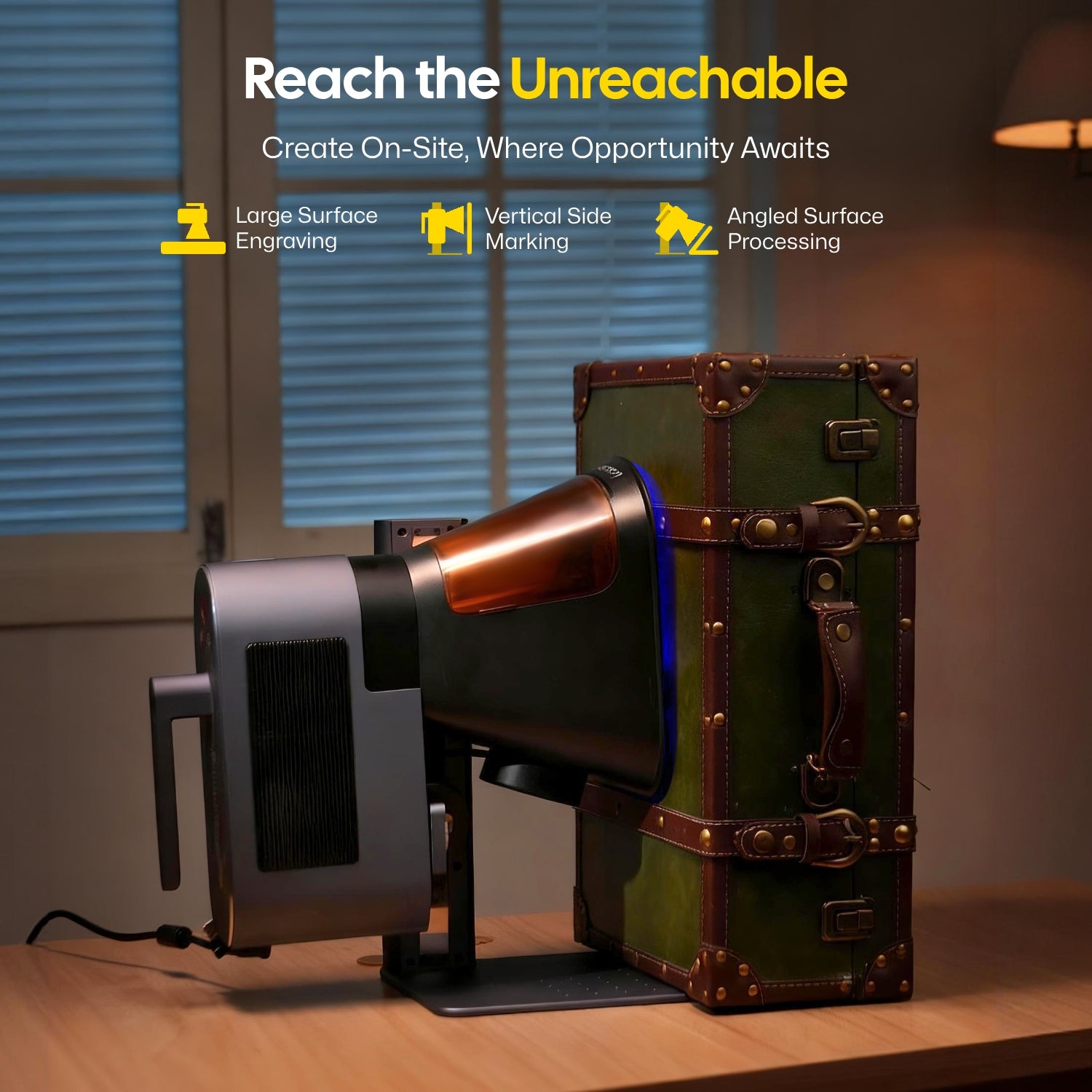 LP5 Fiber laser engraver combined with diode laser cutter, the portable LaserPecker LP5 performs on-site engraving on a large vertical surface, demonstrating vertical and angled marking capabilities.