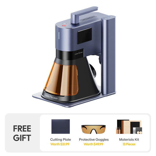 The LaserPecker LP5, a diode laser cutter and fiber laser engraving machine in blue-gray, comes with a free gift bundle including a cutting plate, protective goggles, and a 13-piece materials kit.