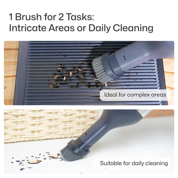 Dual-use Mini Soft Dusting Brush demonstrated in two scenarios: cleaning debris from the intricate grooves of a laser engraver work surface, and sweeping up crumbs from a smooth, flat tabletop, illustrating its versatility for both complex and daily cleaning tasks.