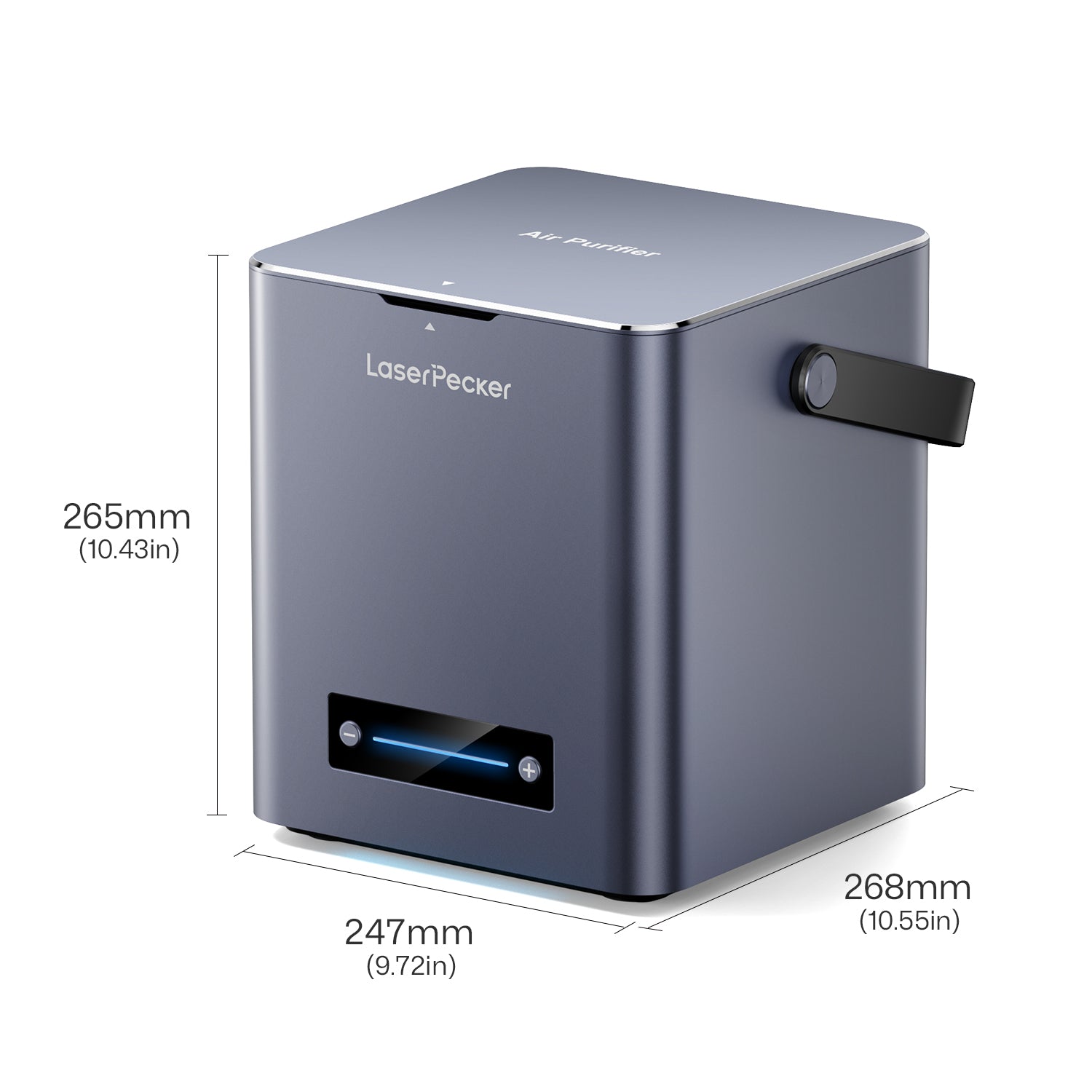 laserpecker desktop air purifier dimensions 265 by 247 by 268 millimeters for laser engraver workspace.