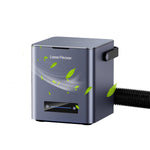 LaserPeckerdesktop air purifier for LP series laser engravers, featuring a compact cube design with an adjustable airflow control display and a flexible exhaust hose.
