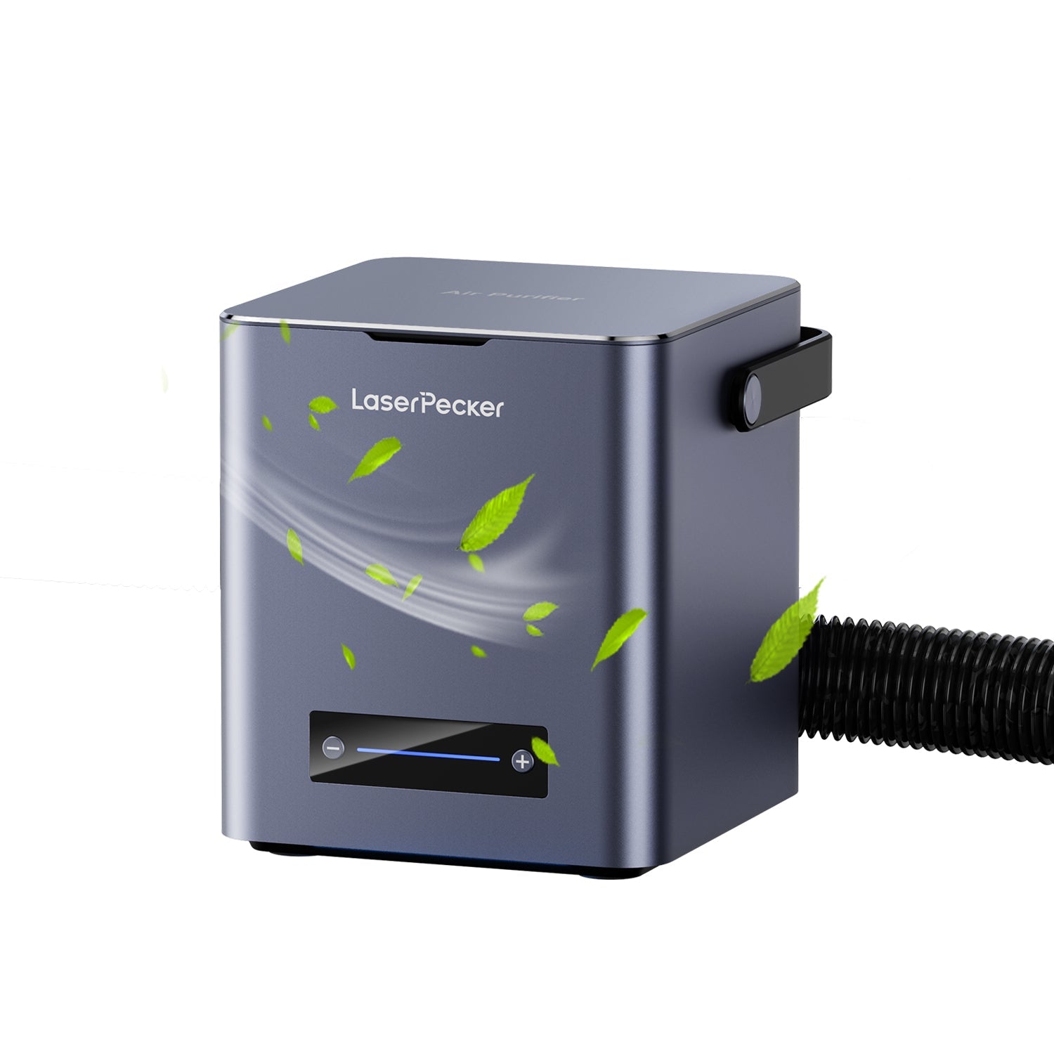 LaserPeckerdesktop air purifier for LP series laser engravers, featuring a compact cube design with an adjustable airflow control display and a flexible exhaust hose.