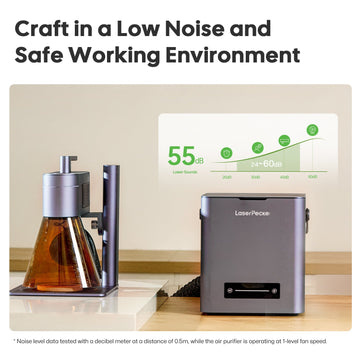 laserpecker desktop air purifier operates at 55 decibels for low noise laser engraving workspace.