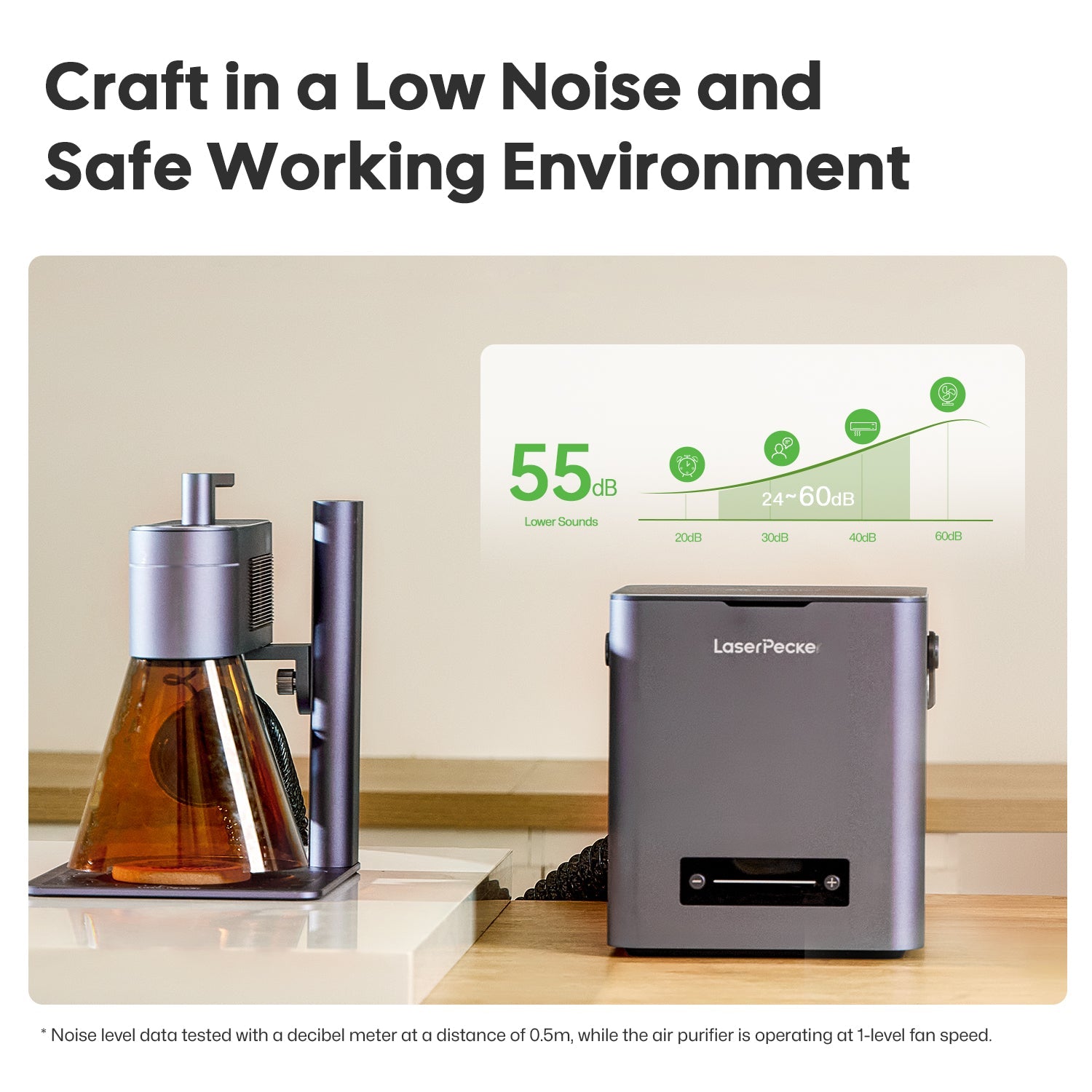 laserpecker desktop air purifier operates at 55 decibels for low noise laser engraving workspace.