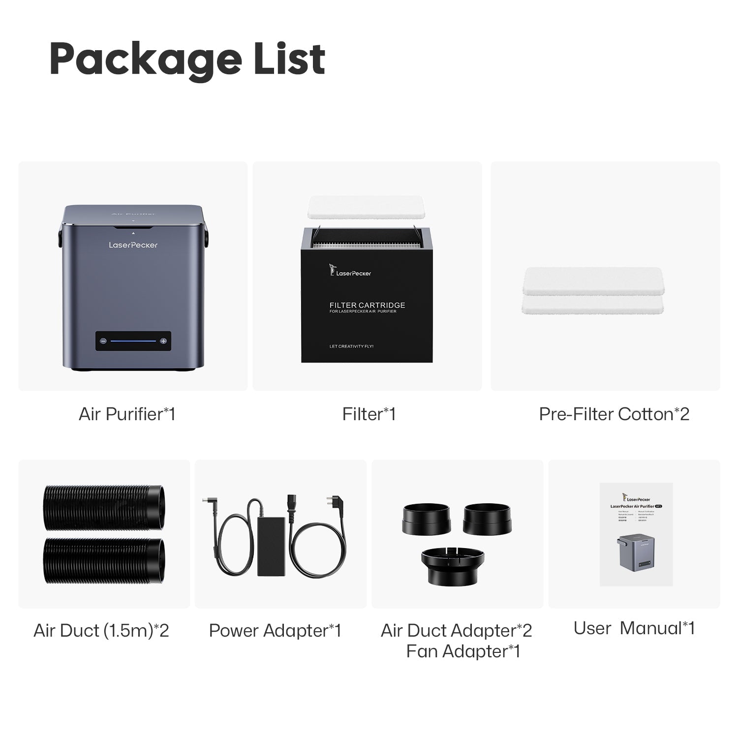 laserpecker desktop air purifier package includes air purifier filter pre filter cotton air duct and power adapter.