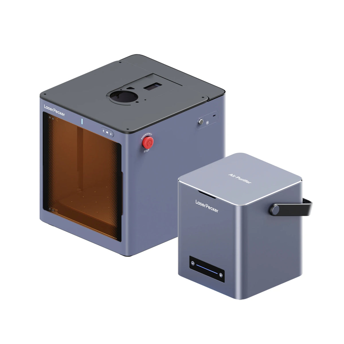 laserpecker desktop air purifier connected to safety enclosure for lp5 laser engraver fume extraction.

