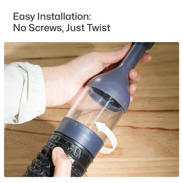 Demonstration of the tool-free, twist-to-lock installation process for the Mini Soft Dusting Brush, showing hands twisting the accessory onto a flexible vacuum hose, with an arrow indicating the rotation direction and the text "Easy Installation: No Screws, Just Twist".