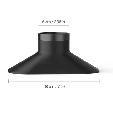 Dust Hood Collector, with dimensional annotations showing a 6cm diameter at the top connection port and an 18cm wide flared opening for broad-area cleaning and debris capture.