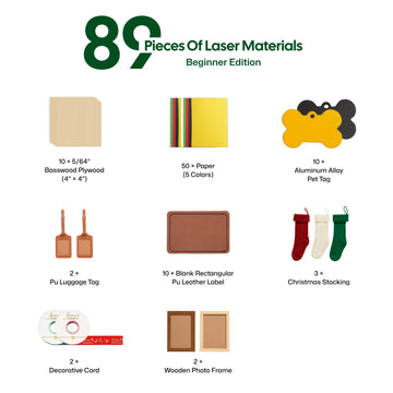 laserpecker beginner holiday bundle with 87 pieces of laser materials including basswood plywood paper pet tags pu leather labels and wooden photo frames for laser engraving.