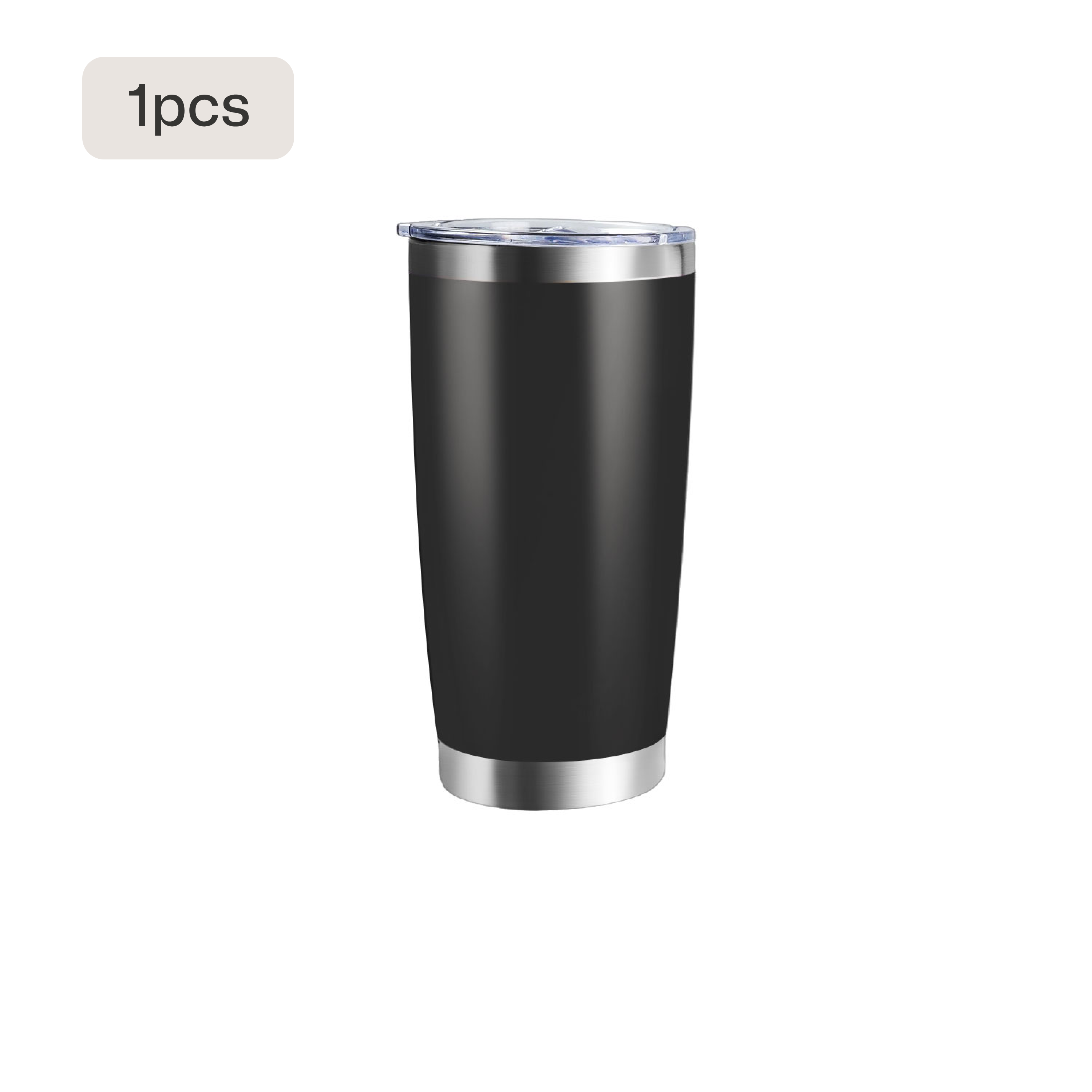 Single 20oz black stainless steel tumbler with clear lid for custom laser engraving.