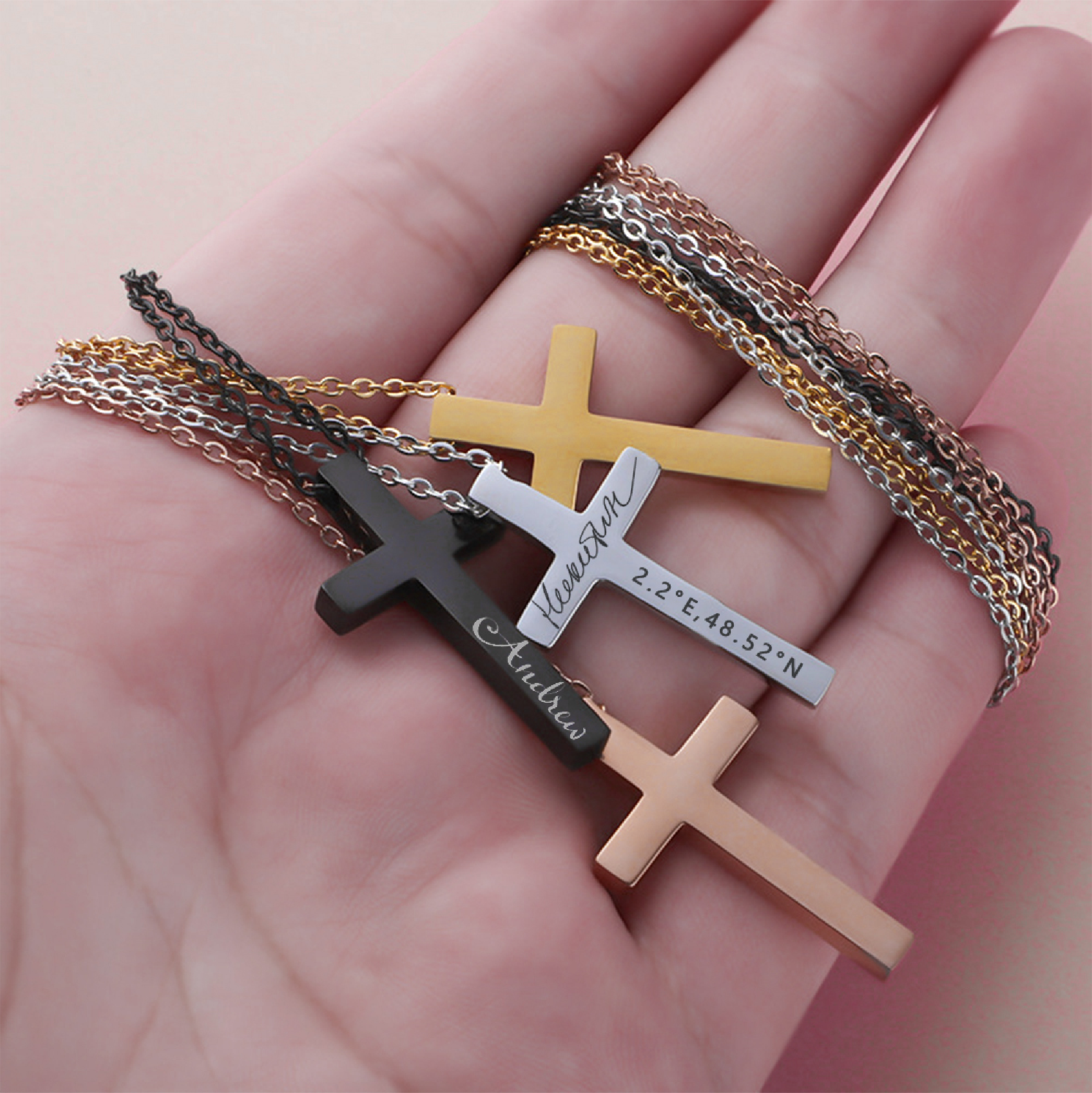 stack of 8 cross pendant necklaces for laser engraving wholesale church group confirmation class gifts.