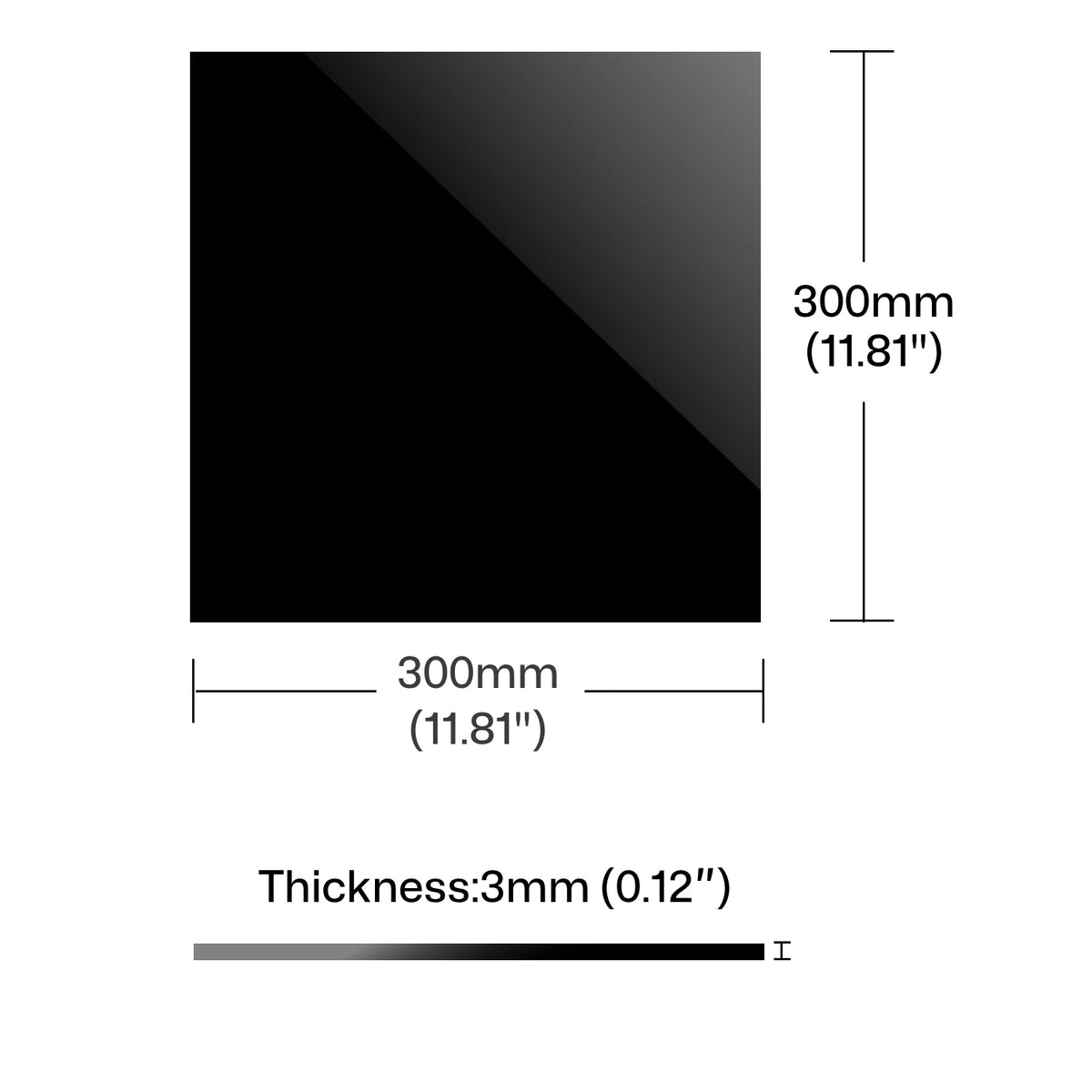 Matte opaque acrylic sheet size diagram 300x300x3mm with thickness measurement.