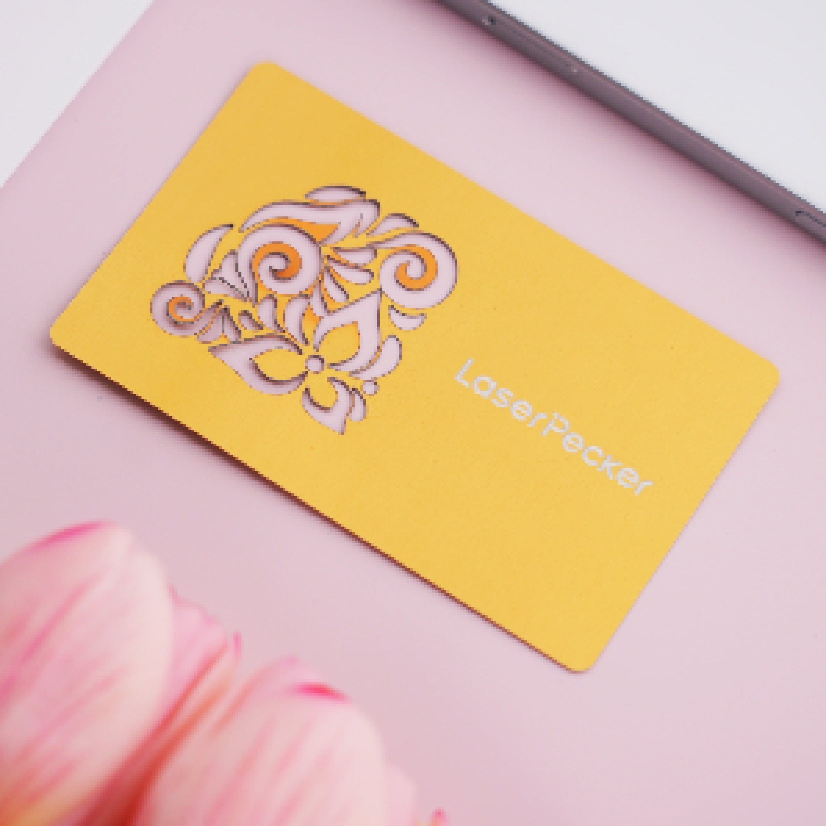 multicolor aluminum business card blanks with sample laser engraved logo text for personalization.
