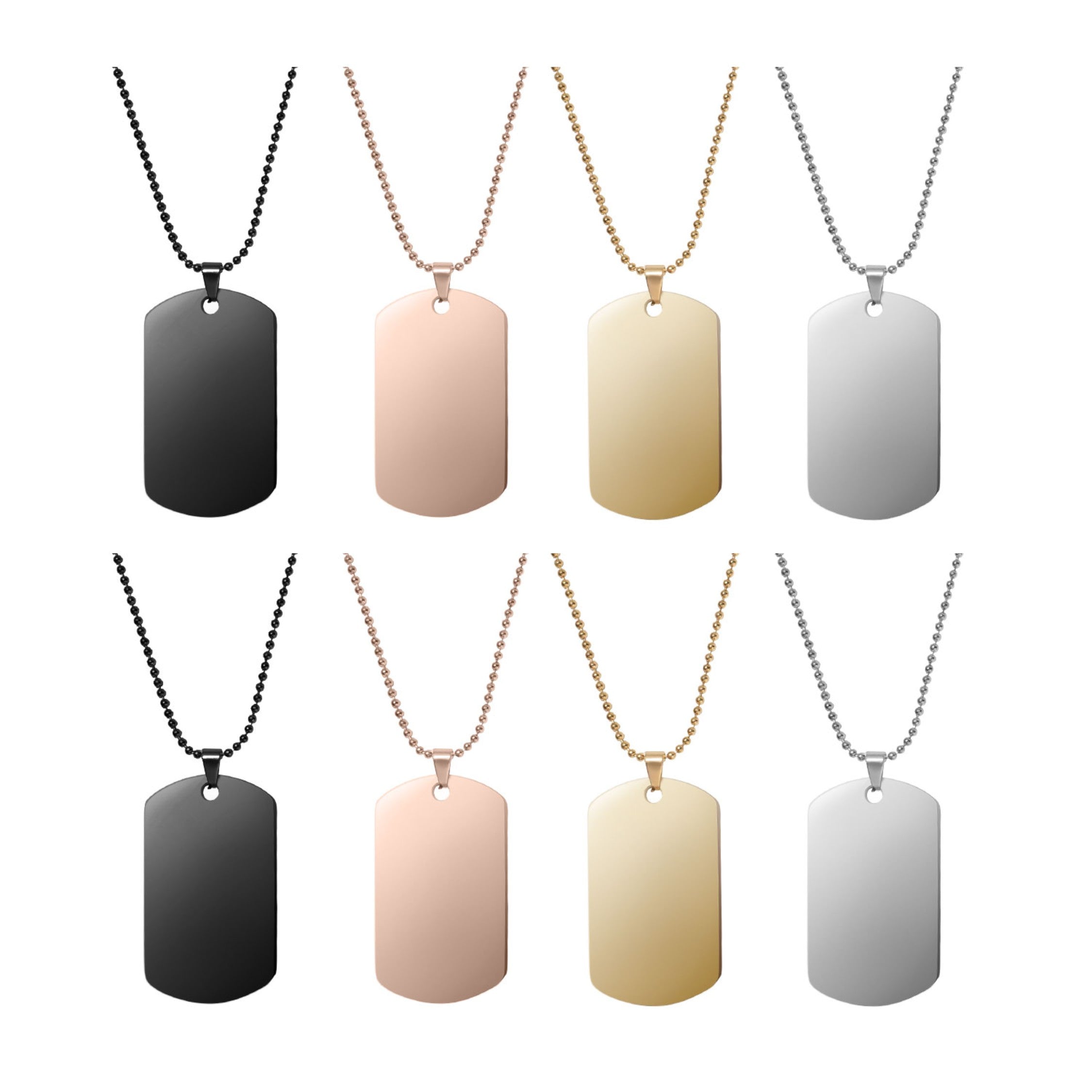 A set of 8 blank engravable dog tag necklaces, featuring polished stainless steel pendants in black, rose gold, gold, and silver finishes, paired with matching beaded ball chains, designed for custom engraving of names, dates, or personal messages.
