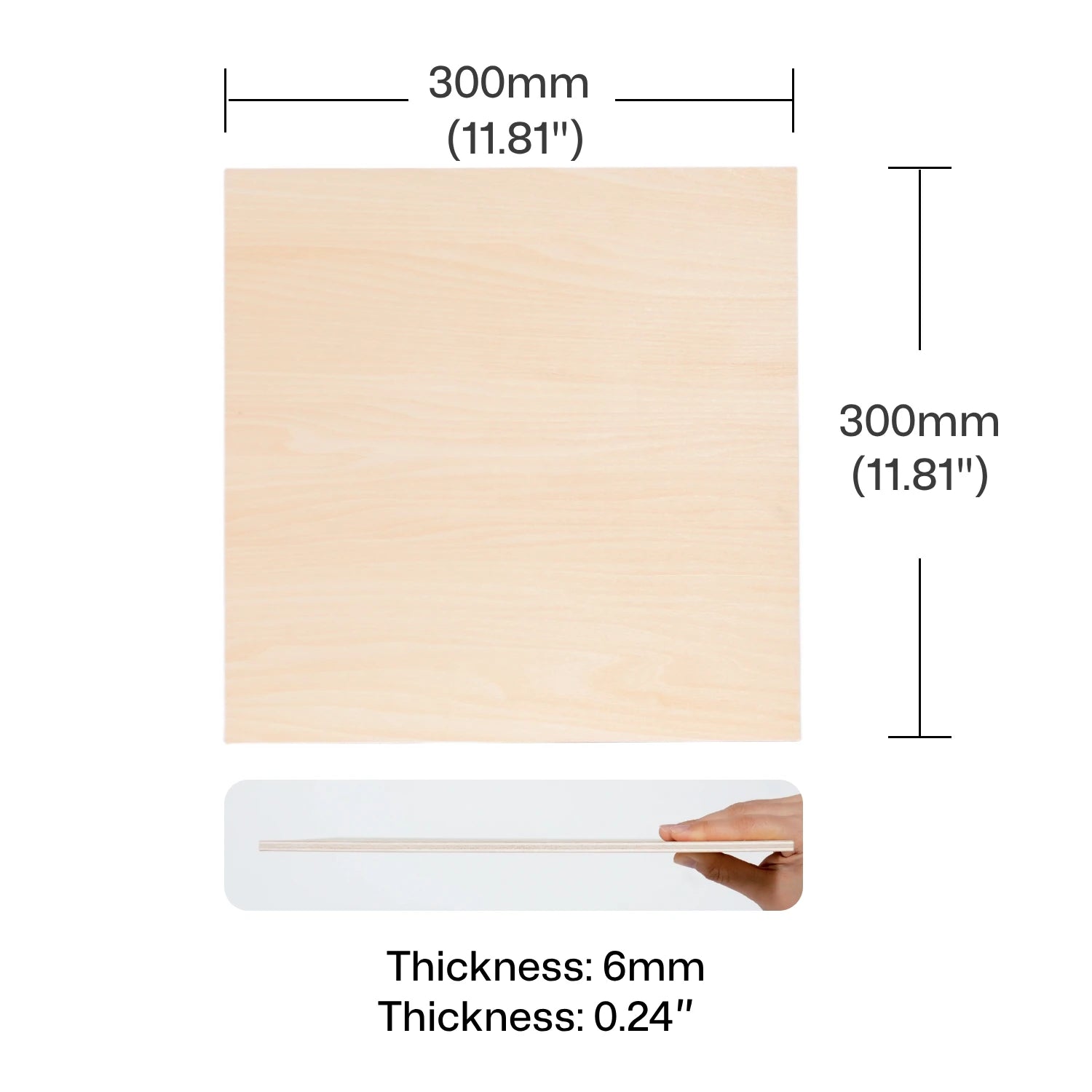 Basswood plywood sheet size diagram 300x300x6mm with thickness measurement.