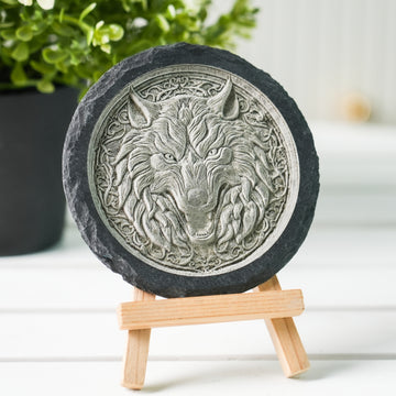 black round slate coaster with 3d relief laser engraved wolf totem for rustic cabin decor or wolf lover gift.