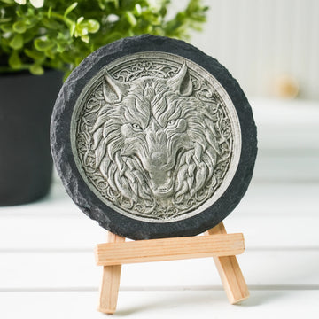 black round slate coaster with 3d relief laser engraved wolf totem for rustic cabin decor or wolf lover gift.