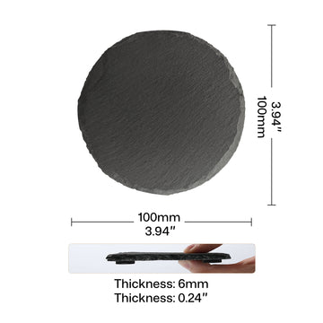 black round slate coaster size chart 100mm diameter 6mm thickness for laser engraving blank drink coasters.
