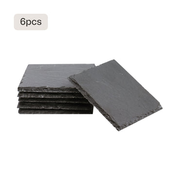 A pack of 6 square black slate coasters with natural, rough edges, presented as blanks for laser engraving custom designs, logos, or text to create elegant, heat-resistant drinkware accessories for home or gifting.