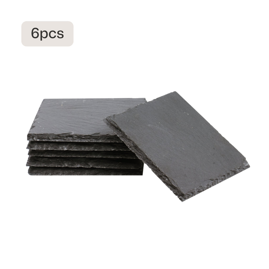 A pack of 6 square black slate coasters with natural, rough edges, presented as blanks for laser engraving custom designs, logos, or text to create elegant, heat-resistant drinkware accessories for home or gifting.