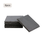 A pack of 6 square black slate coasters with natural, rough edges, presented as blanks for laser engraving custom designs, logos, or text to create elegant, heat-resistant drinkware accessories for home or gifting.