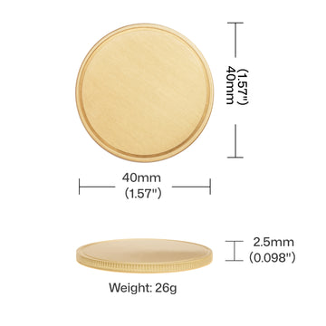blank brass coin with diameter and thickness dimensions for laser engraving machine setup.