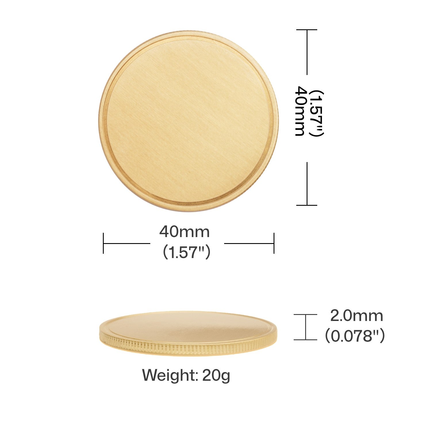 blank brass coin with diameter and thickness dimensions for laser engraving machine setup.