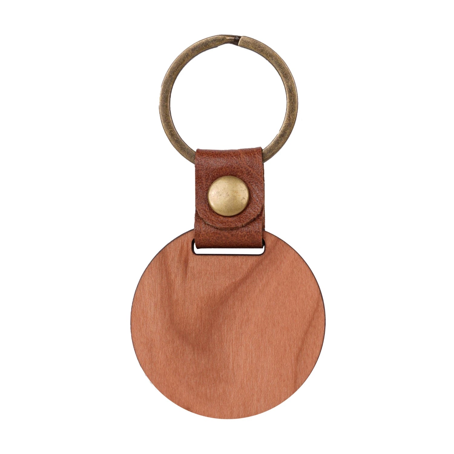 round cherry wood keychain blank with smooth surface for laser engraving custom text or logo natural wood grain.