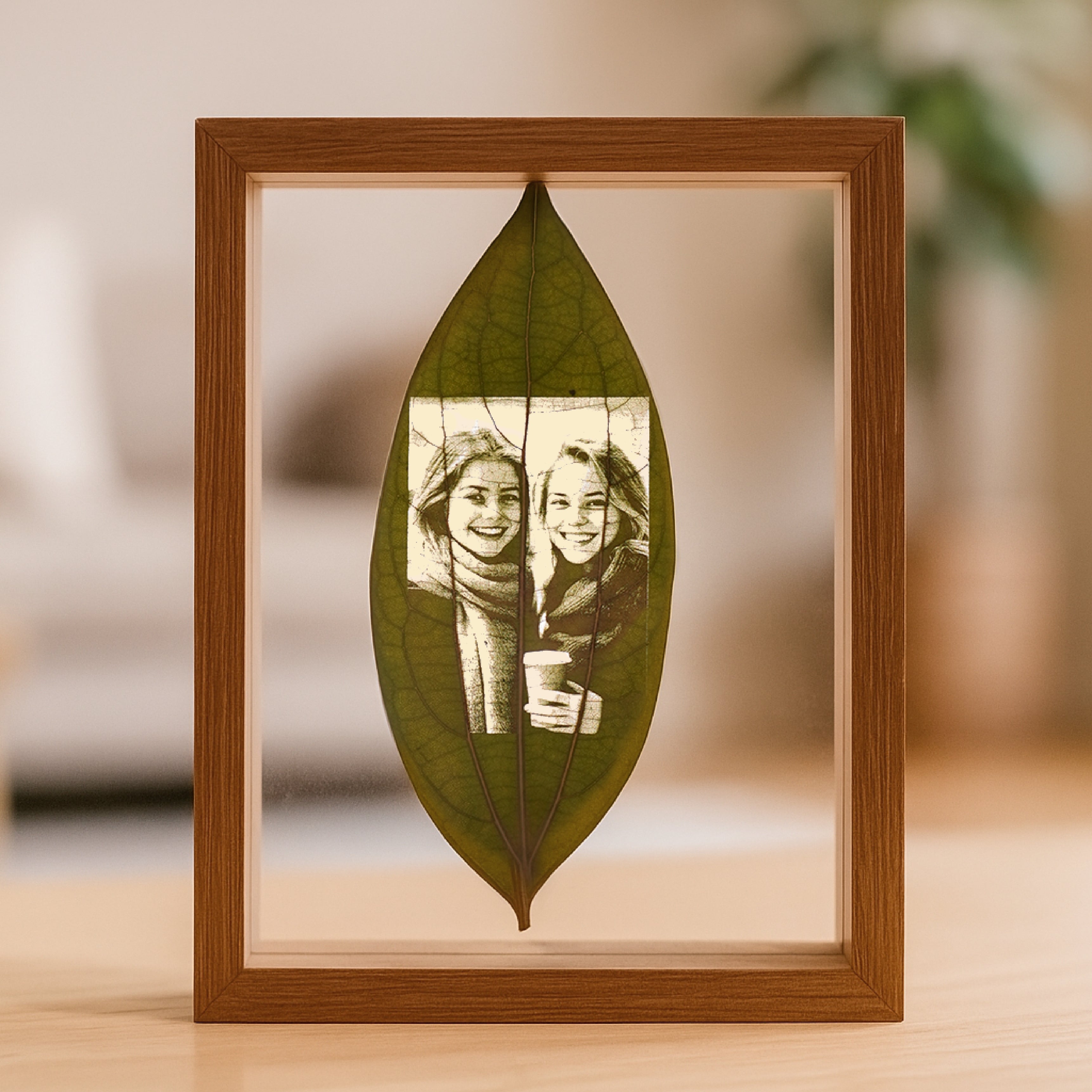 laser engraved cinnamon leaf ornament displayed in rustic photo frame christmas home decor personalized holiday gift.