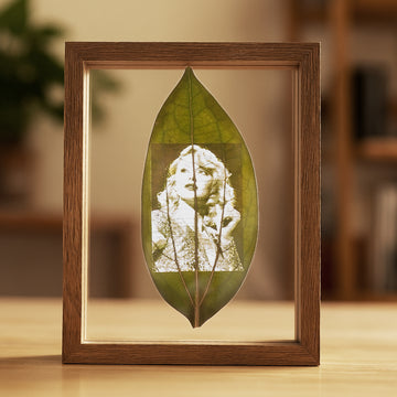 cinnamon leaf engraving in photo frame displayed on table for cozy home decoration.