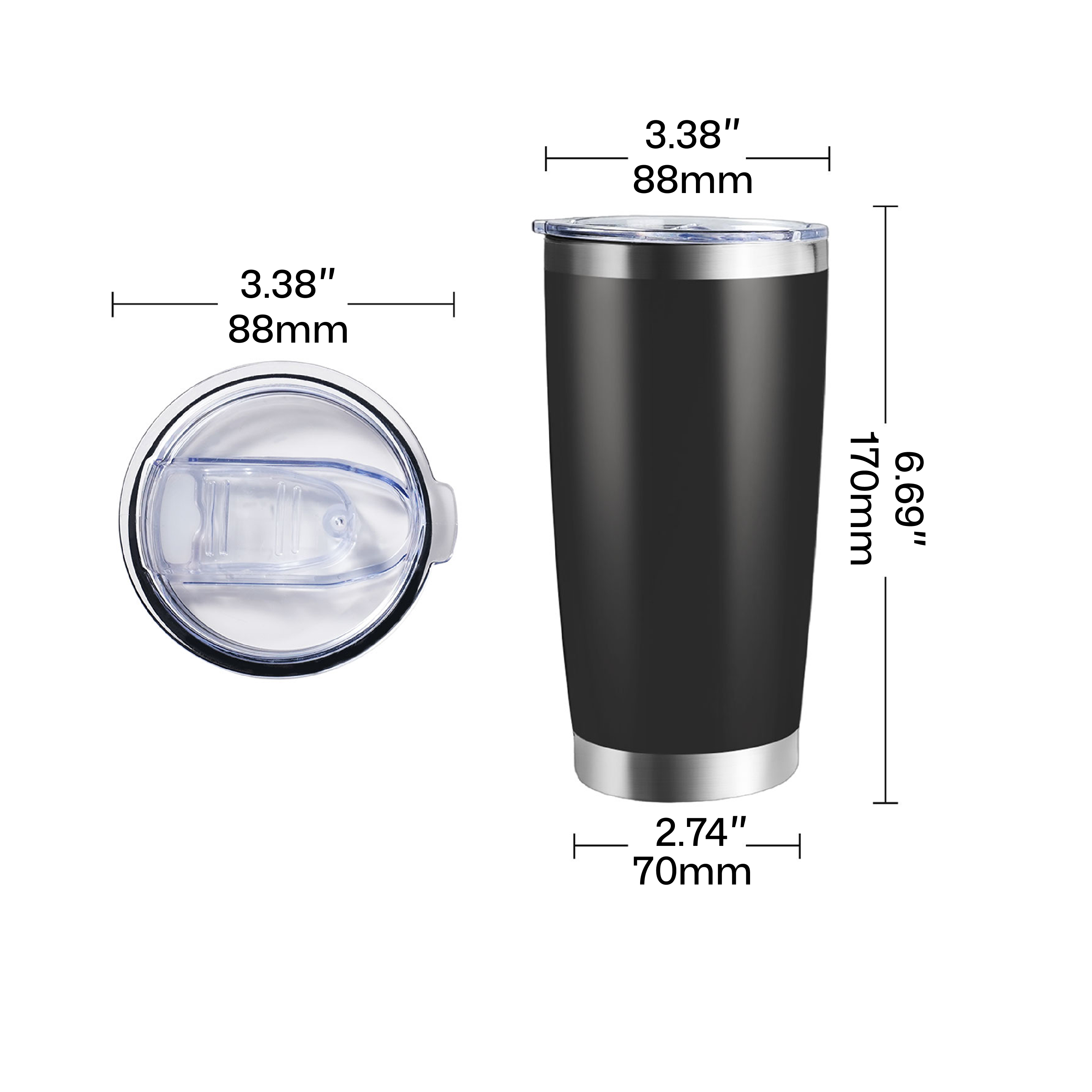 coated stainless steel tumbler with lid dimension chart showing height and diameter for laser engraving.