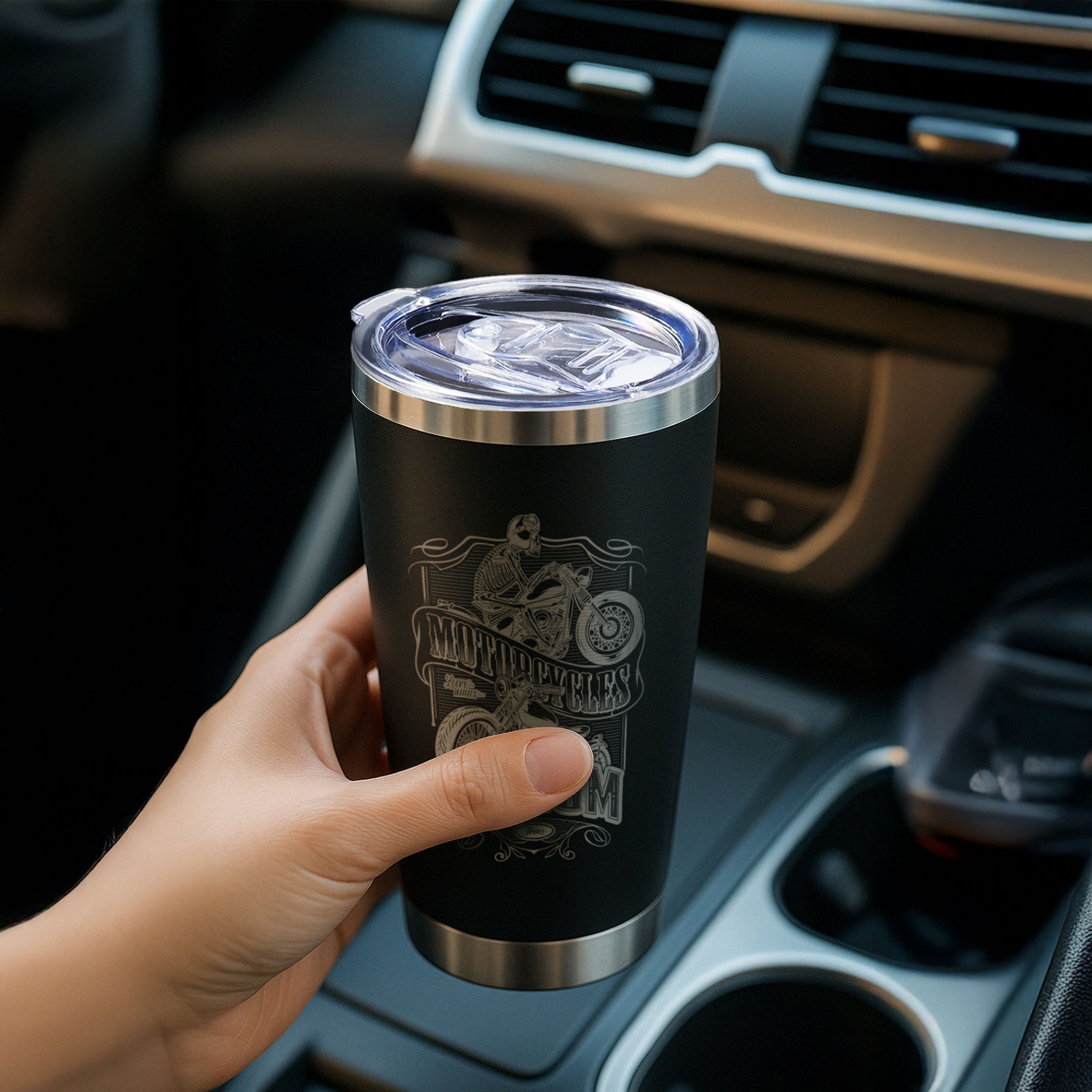 coated stainless steel tumbler with lid fitting in car cup holder for laser engraving travel mug on road commuter gift.