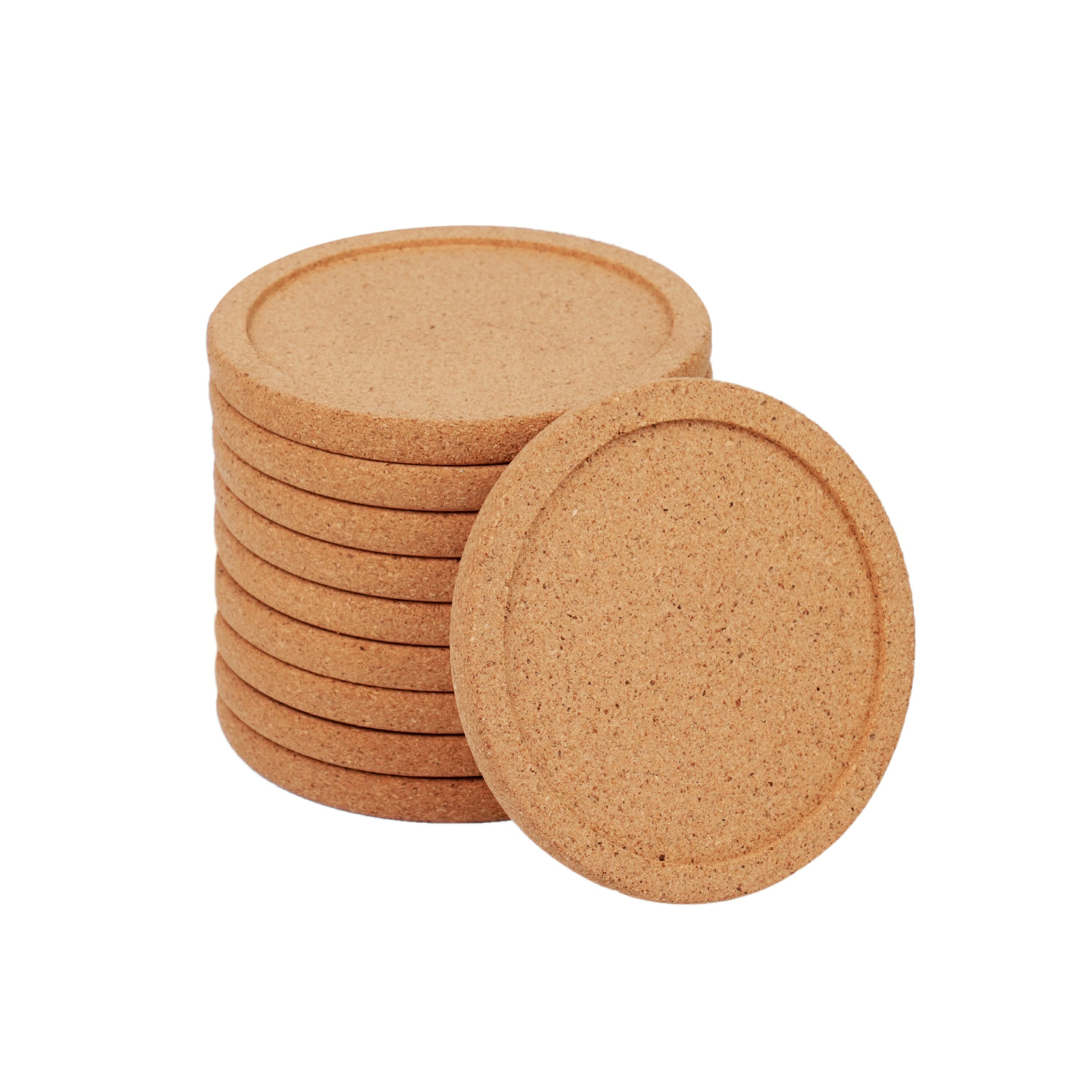 A stack of round, natural cork coasters with a raised edge, presented as blanks for laser engraving custom designs, logos, or text to create personalized home decor and drinkware accessories.

