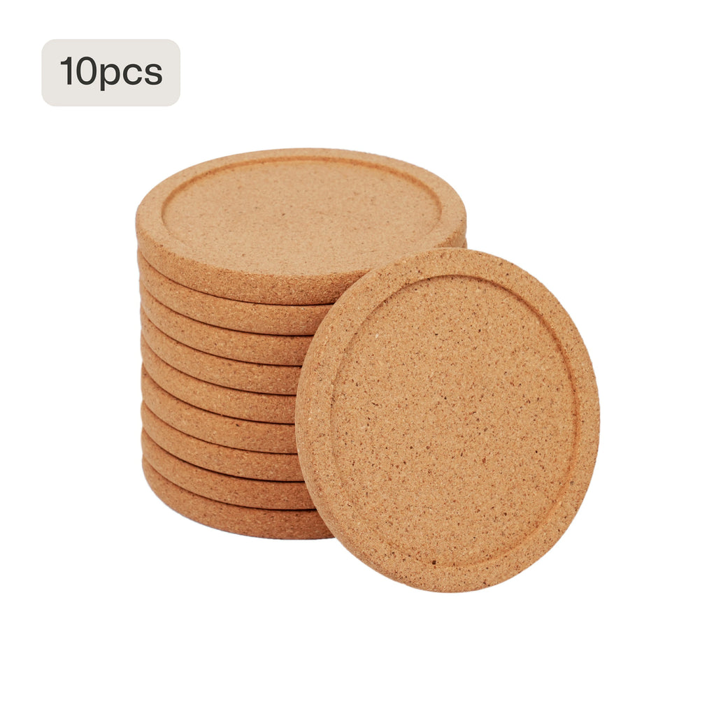 A pack of 10 round, natural cork coasters with a raised edge, presented as blanks for laser engraving custom designs, logos, or text to create personalized home decor and drinkware accessories.
